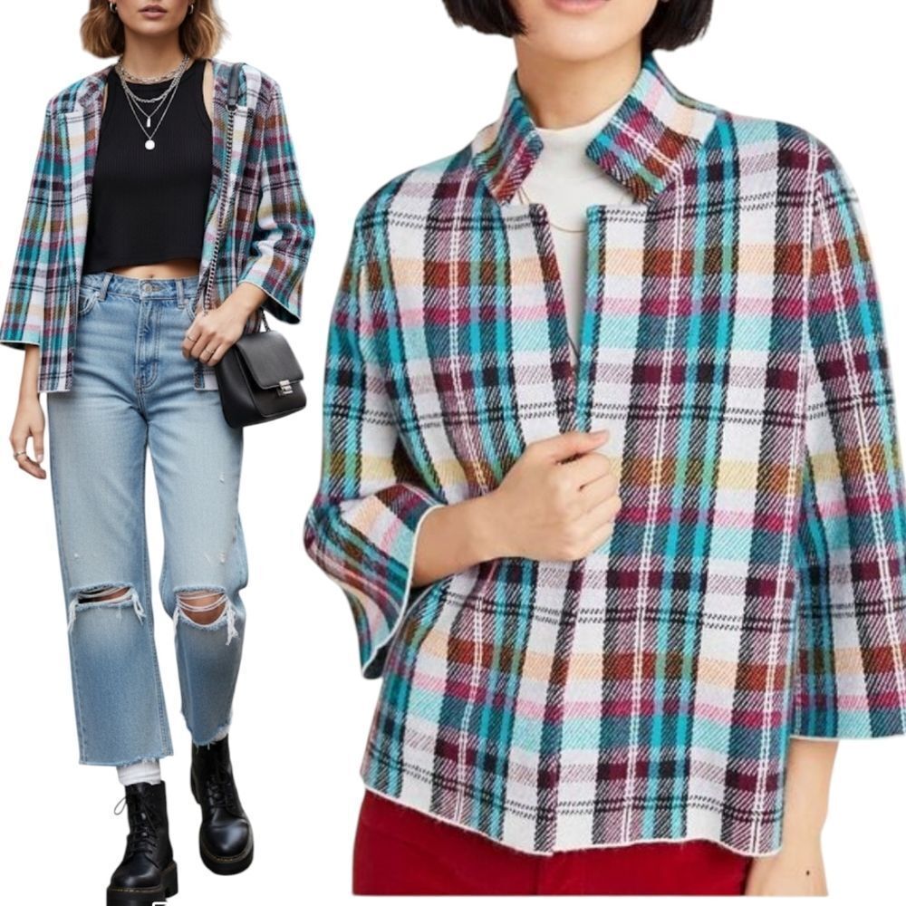 Anthropologie Blue Plaid Cardigan Blazer Size M